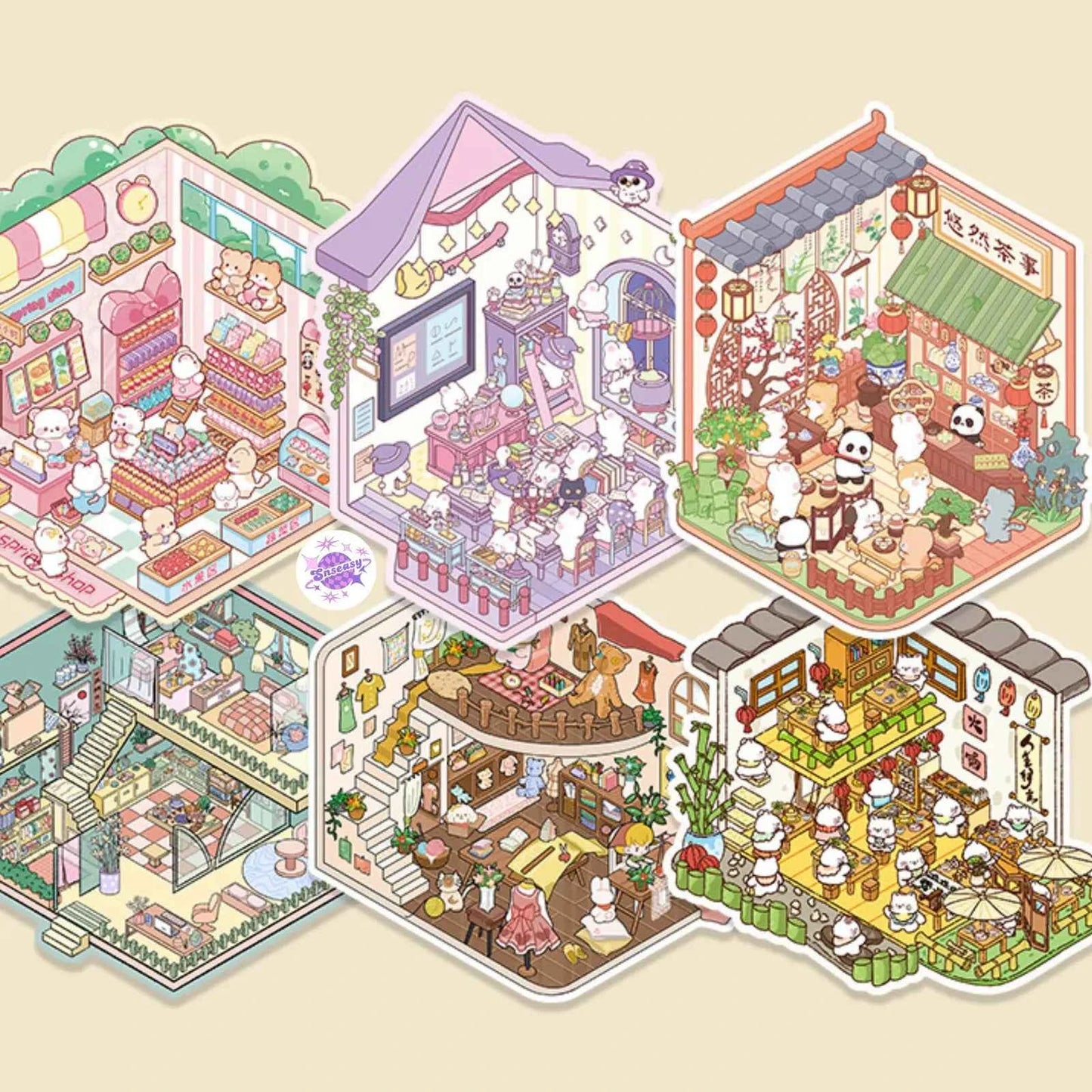 Cute Shop Simulation – 3D Miniature Sticker Scenes - 8 Theme Set: Youran Tea Event | Hot Pot Restaurant | Furniture Store | Small Tailor Shop | Magic Classroom | Convenience Store | Wedding Store | Wedding Venue