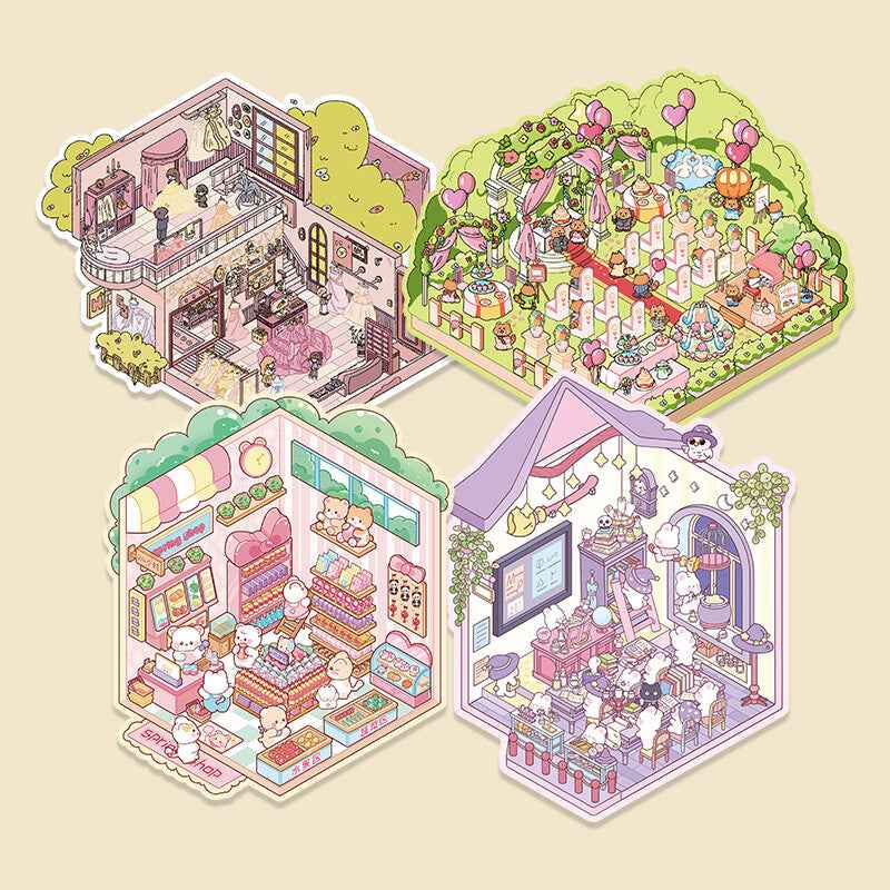 Cute Shop Simulation – 3D Miniature Sticker Scenes - 8 Theme Set: Youran Tea Event | Hot Pot Restaurant | Furniture Store | Small Tailor Shop | Magic Classroom | Convenience Store | Wedding Store | Wedding Venue