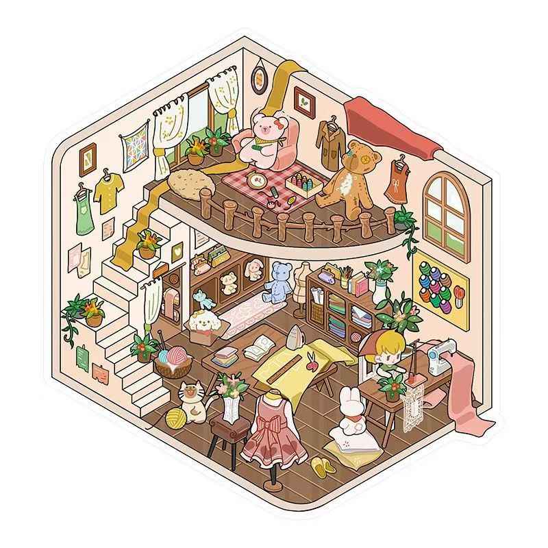 Cute Shop Simulation – 3D Miniature Sticker Scenes - 8 Theme Set: Youran Tea Event | Hot Pot Restaurant | Furniture Store | Small Tailor Shop | Magic Classroom | Convenience Store | Wedding Store | Wedding Venue