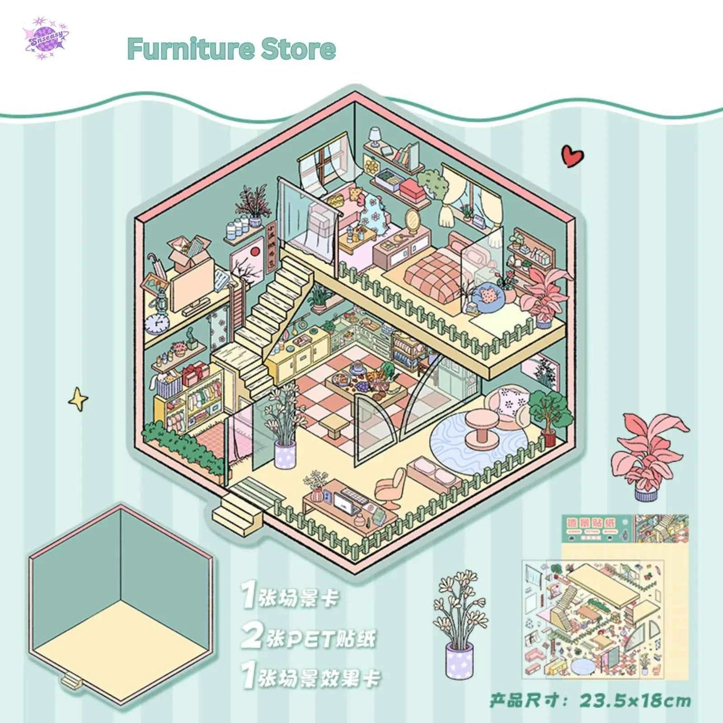 Cute Shop Simulation – 3D Miniature Sticker Scenes - 8 Theme Set: Youran Tea Event | Hot Pot Restaurant | Furniture Store | Small Tailor Shop | Magic Classroom | Convenience Store | Wedding Store | Wedding Venue