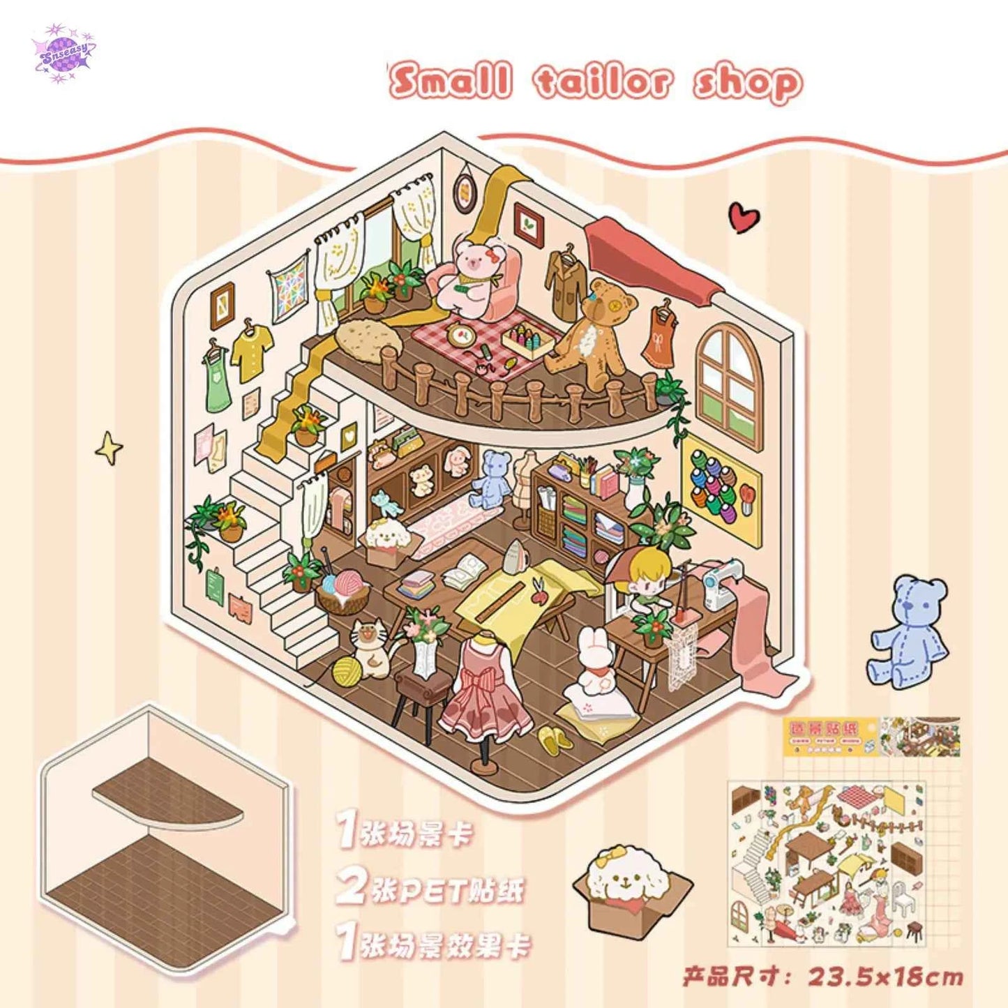 Cute Shop Simulation – 3D Miniature Sticker Scenes - 8 Theme Set: Youran Tea Event | Hot Pot Restaurant | Furniture Store | Small Tailor Shop | Magic Classroom | Convenience Store | Wedding Store | Wedding Venue