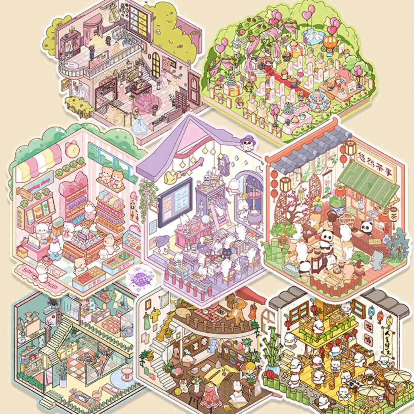 Cute Shop Simulation – 3D Miniature Sticker Scenes - 8 Theme Set: Youran Tea Event | Hot Pot Restaurant | Furniture Store | Small Tailor Shop | Magic Classroom | Convenience Store | Wedding Store | Wedding Venue