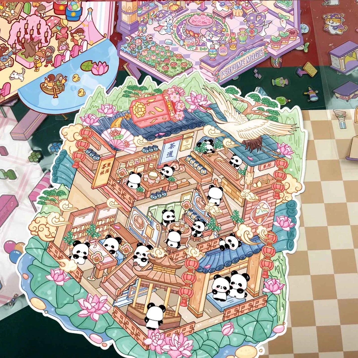 Cute Animals 15.0 – 3D DIY Miniature Sticker Scenes - 3 Theme Set: Cat Magic House | Panda Teahouse | Amusement Park