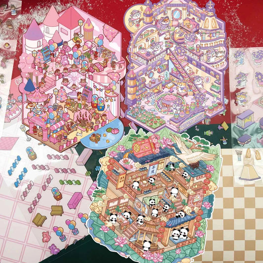 Cute Animals 15.0 – 3D DIY Miniature Sticker Scenes - 3 Theme Set: Cat Magic House | Panda Teahouse | Amusement Park