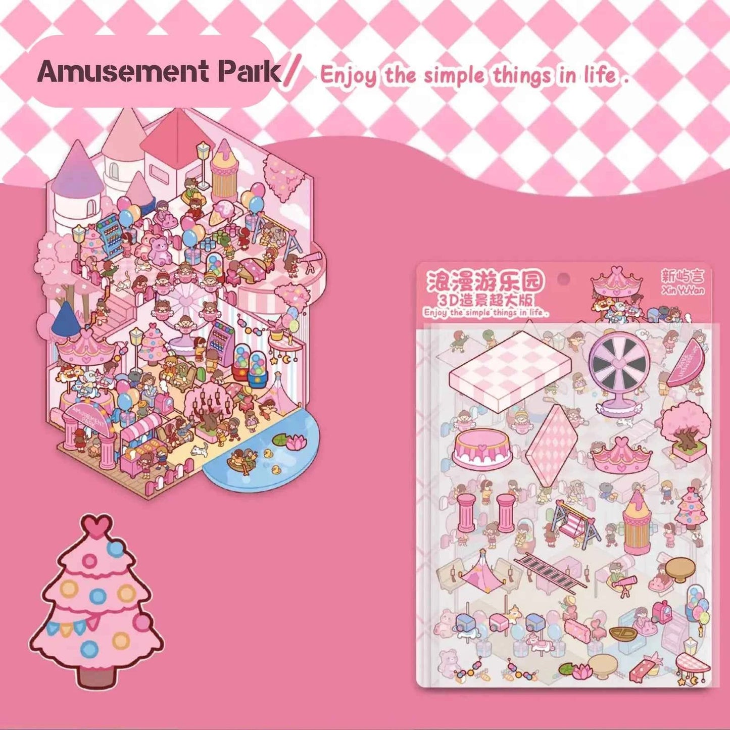 Cute Animals 15.0 – 3D DIY Miniature Sticker Scenes - 3 Theme Set: Cat Magic House | Panda Teahouse | Amusement Park