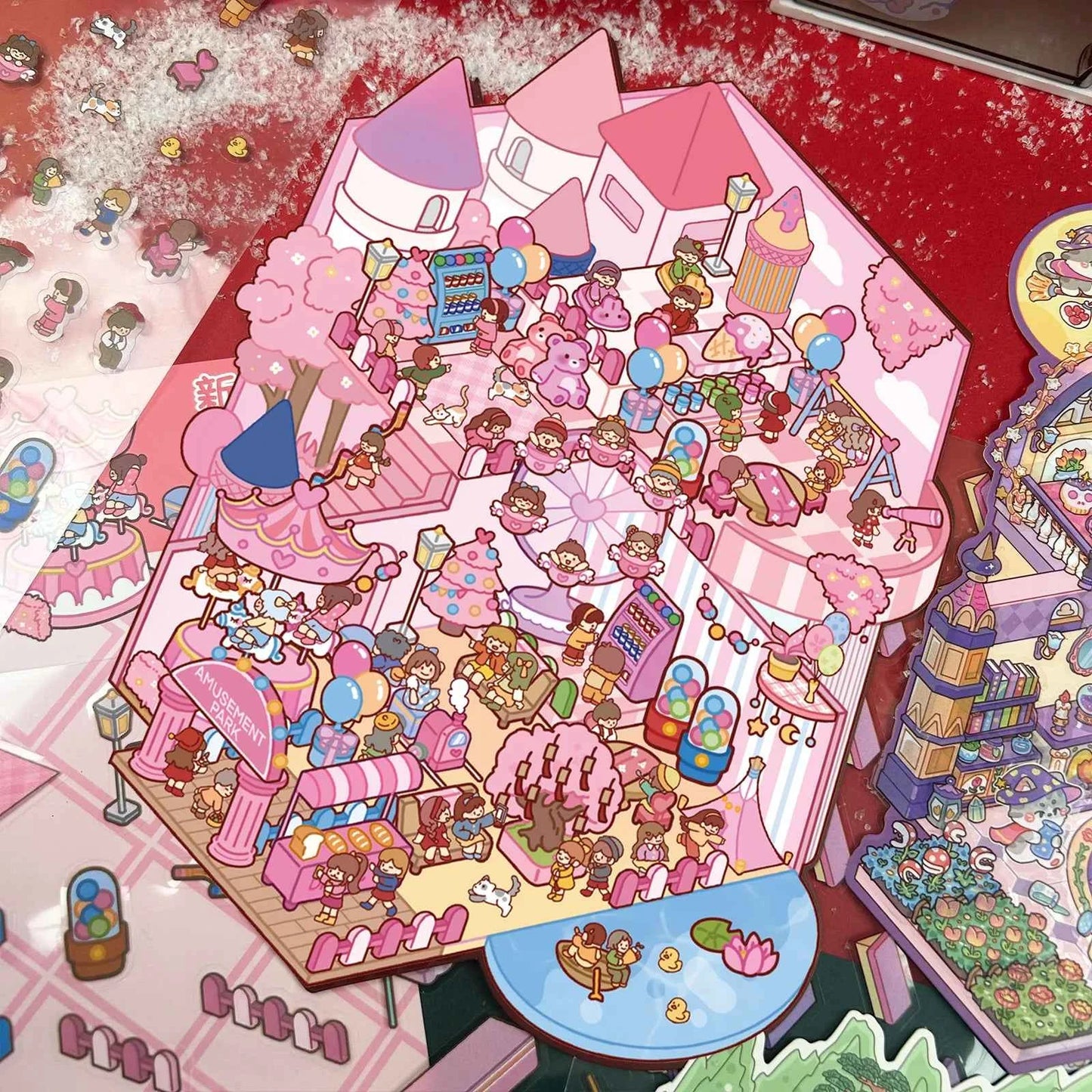 Cute Animals 15.0 – 3D DIY Miniature Sticker Scenes - 3 Theme Set: Cat Magic House | Panda Teahouse | Amusement Park