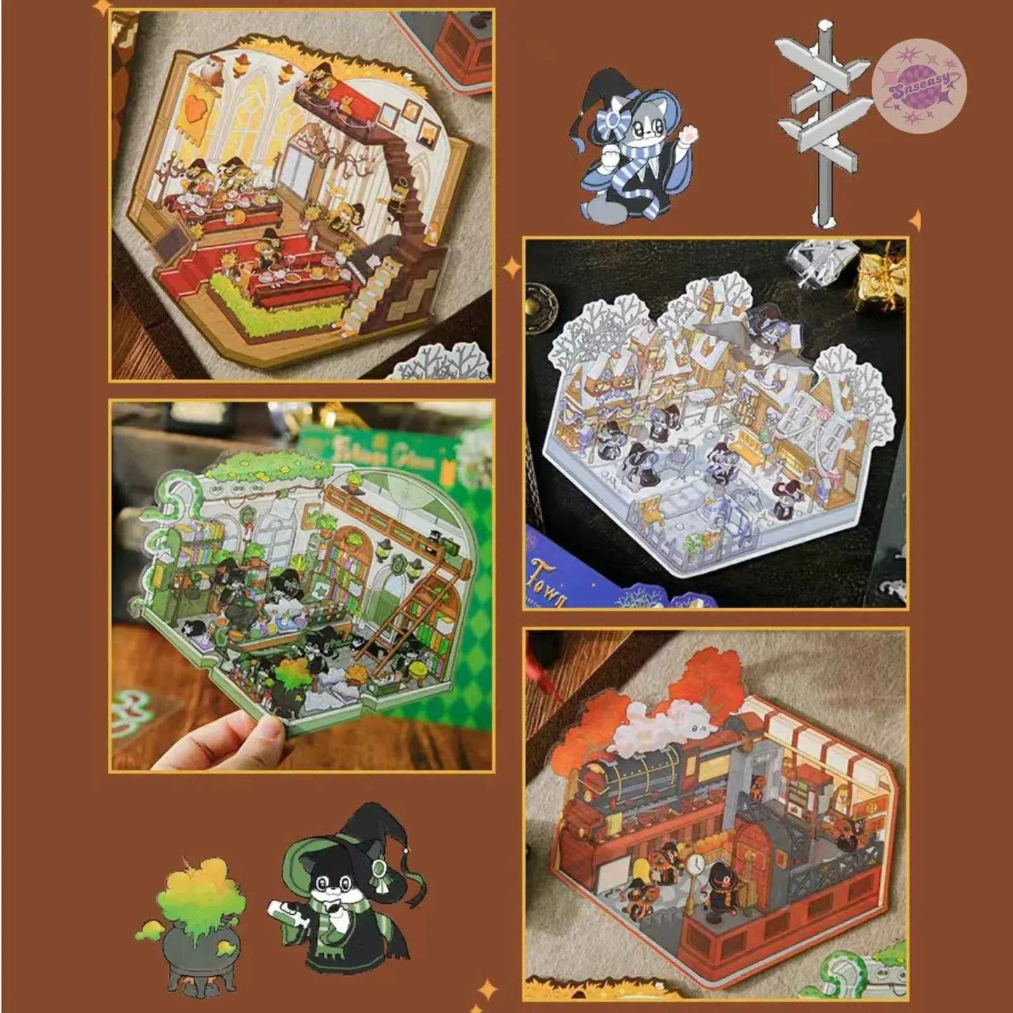 Magic Cat Series – 3D Miniature Sticker Scenes - 4 Theme Sets: Banquet Hall | Magic Classroom | Magic Train Station | Wizard Town
