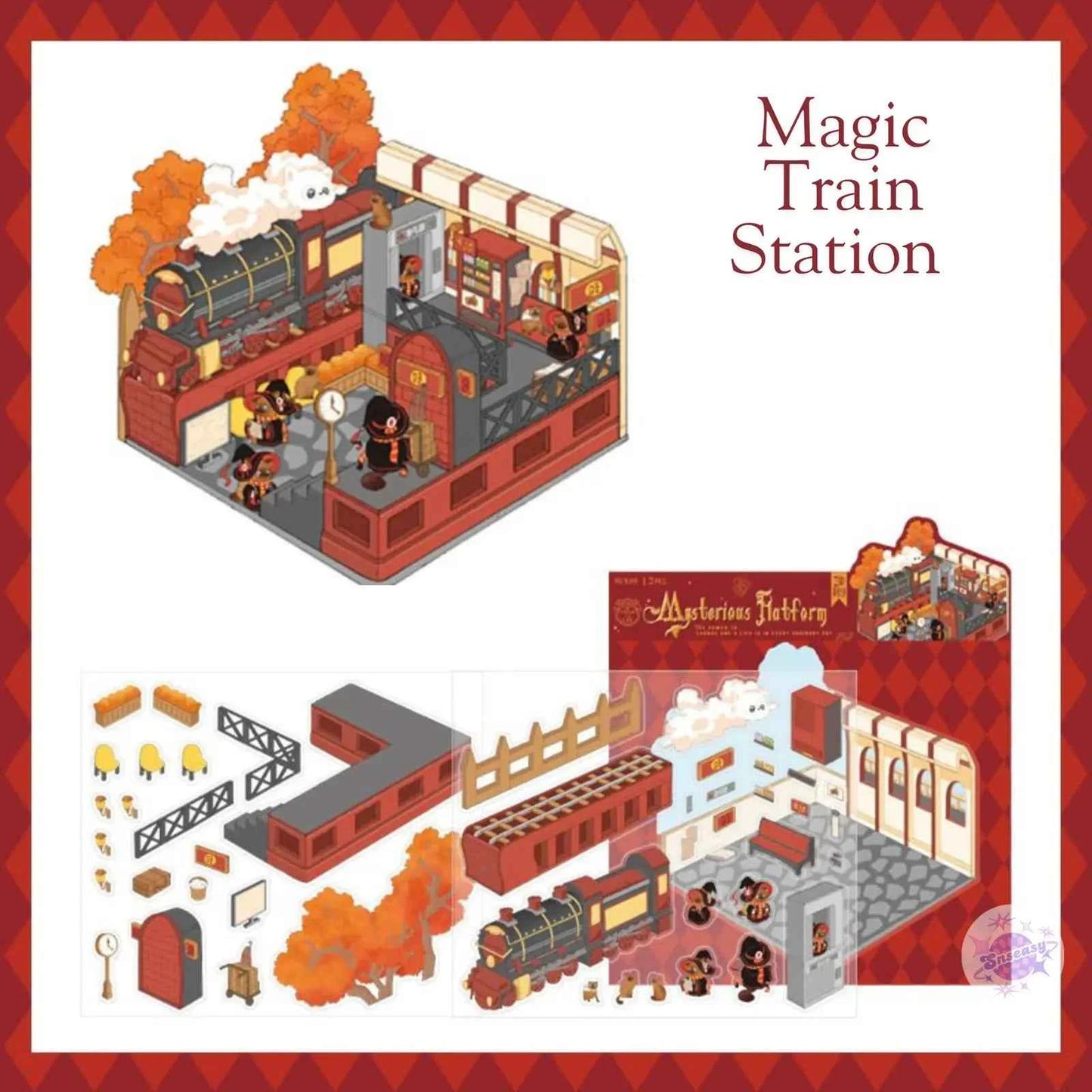 Magic Cat Series – 3D Miniature Sticker Scenes - 4 Theme Sets: Banquet Hall | Magic Classroom | Magic Train Station | Wizard Town