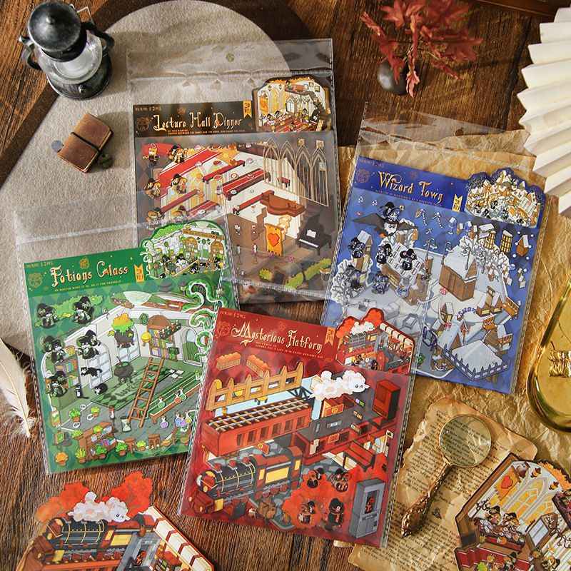 Magic Cat Series – 3D Miniature Sticker Scenes - 4 Theme Sets: Banquet Hall | Magic Classroom | Magic Train Station | Wizard Town
