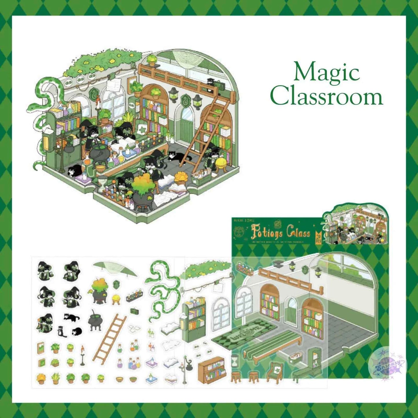 Magic Cat Series – 3D Miniature Sticker Scenes - 4 Theme Sets: Banquet Hall | Magic Classroom | Magic Train Station | Wizard Town