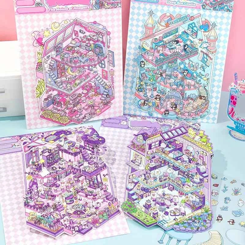 Cute Animals 16.0 – 3D Miniature Sticker Scenes - 4 Theme Sets: Pink Villa | Deep Sea Castle | Academy of Magic | Ghost Town