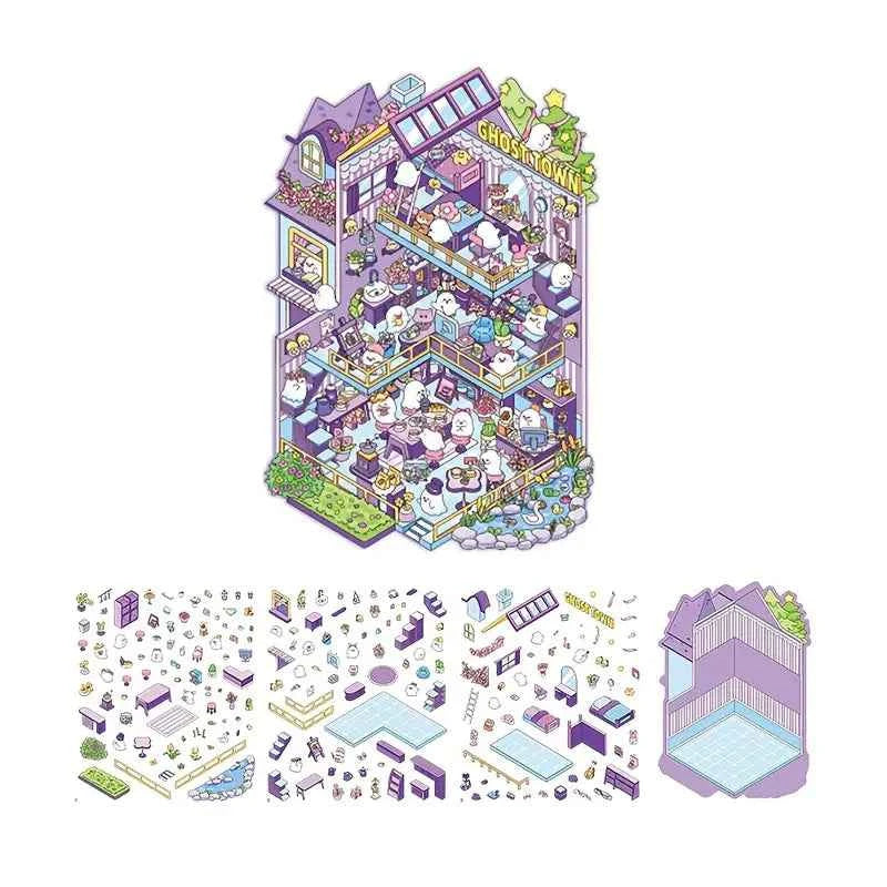 Cute Animals 16.0 – 3D Miniature Sticker Scenes - 4 Theme Sets: Pink Villa | Deep Sea Castle | Academy of Magic | Ghost Town