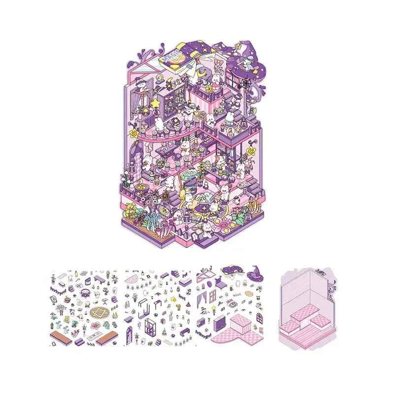 Cute Animals 16.0 – 3D Miniature Sticker Scenes - 4 Theme Sets: Pink Villa | Deep Sea Castle | Academy of Magic | Ghost Town