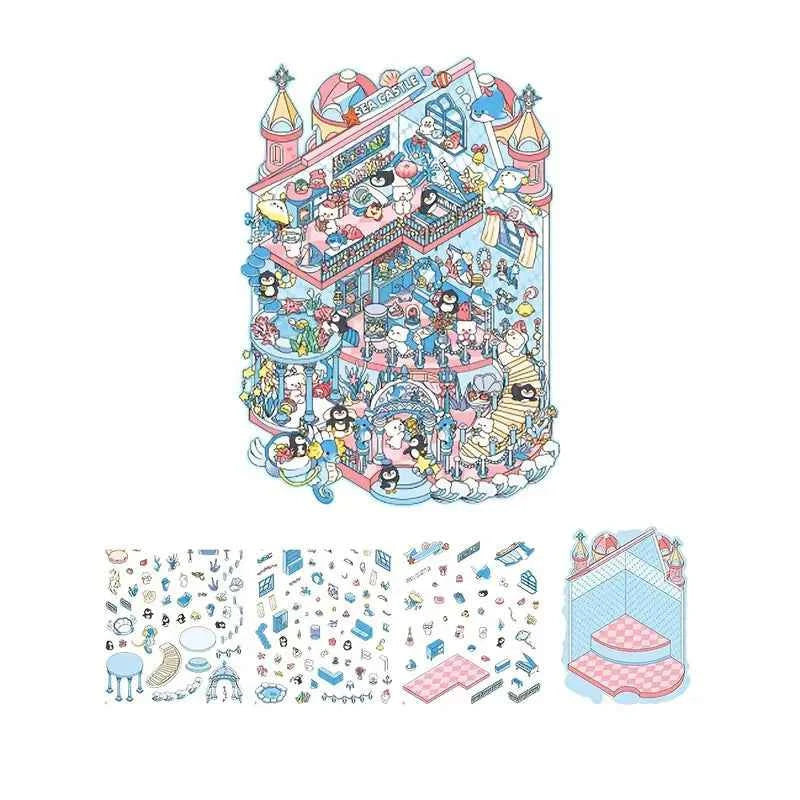 Cute Animals 16.0 – 3D Miniature Sticker Scenes - 4 Theme Sets: Pink Villa | Deep Sea Castle | Academy of Magic | Ghost Town