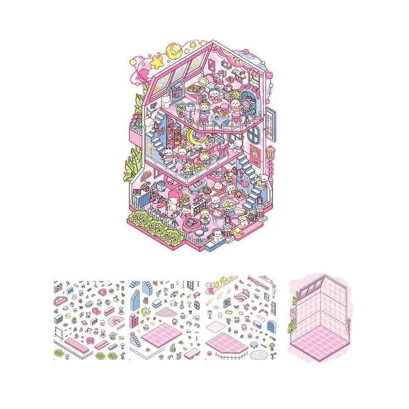 Cute Animals 16.0 – 3D Miniature Sticker Scenes - 4 Theme Sets: Pink Villa | Deep Sea Castle | Academy of Magic | Ghost Town