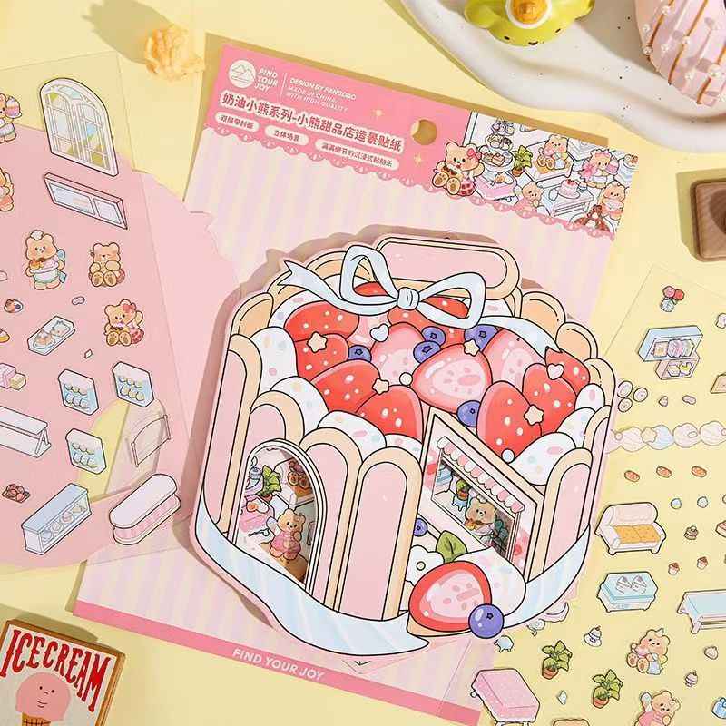 Creamy Bear Series – 3D Miniature Sticker Scenes - 4 Theme Sets: Bear Pastry Shop | Bear Bakery | Bear Café | Bear Clothing Store