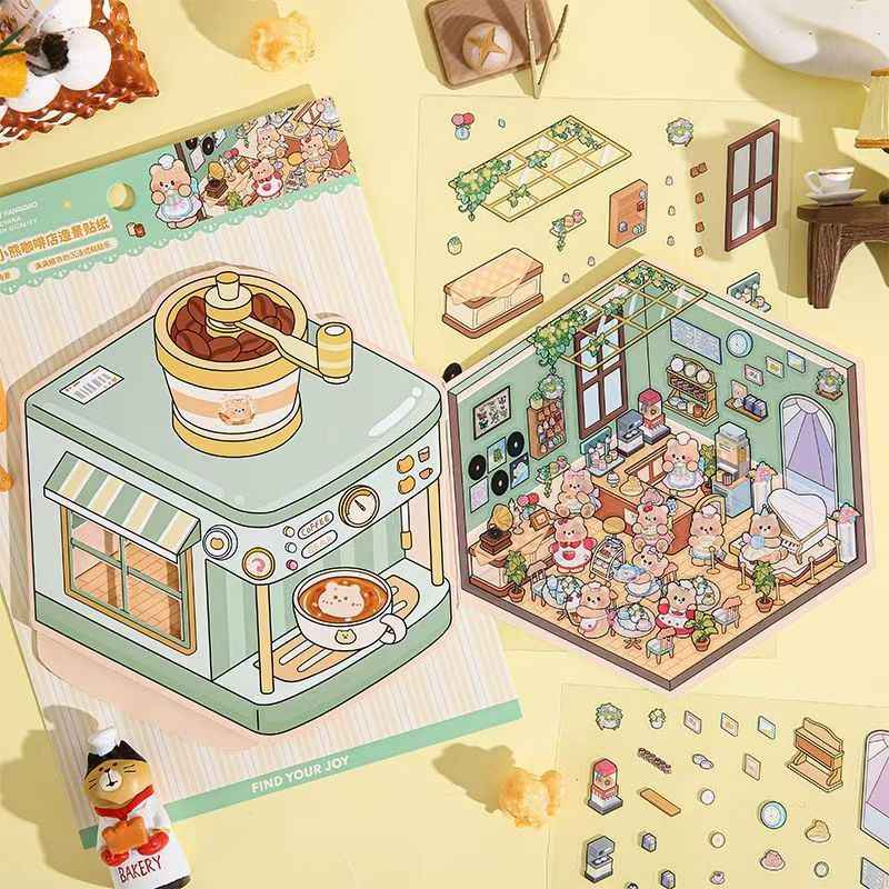 Creamy Bear Series – 3D Miniature Sticker Scenes - 4 Theme Sets: Bear Pastry Shop | Bear Bakery | Bear Café | Bear Clothing Store