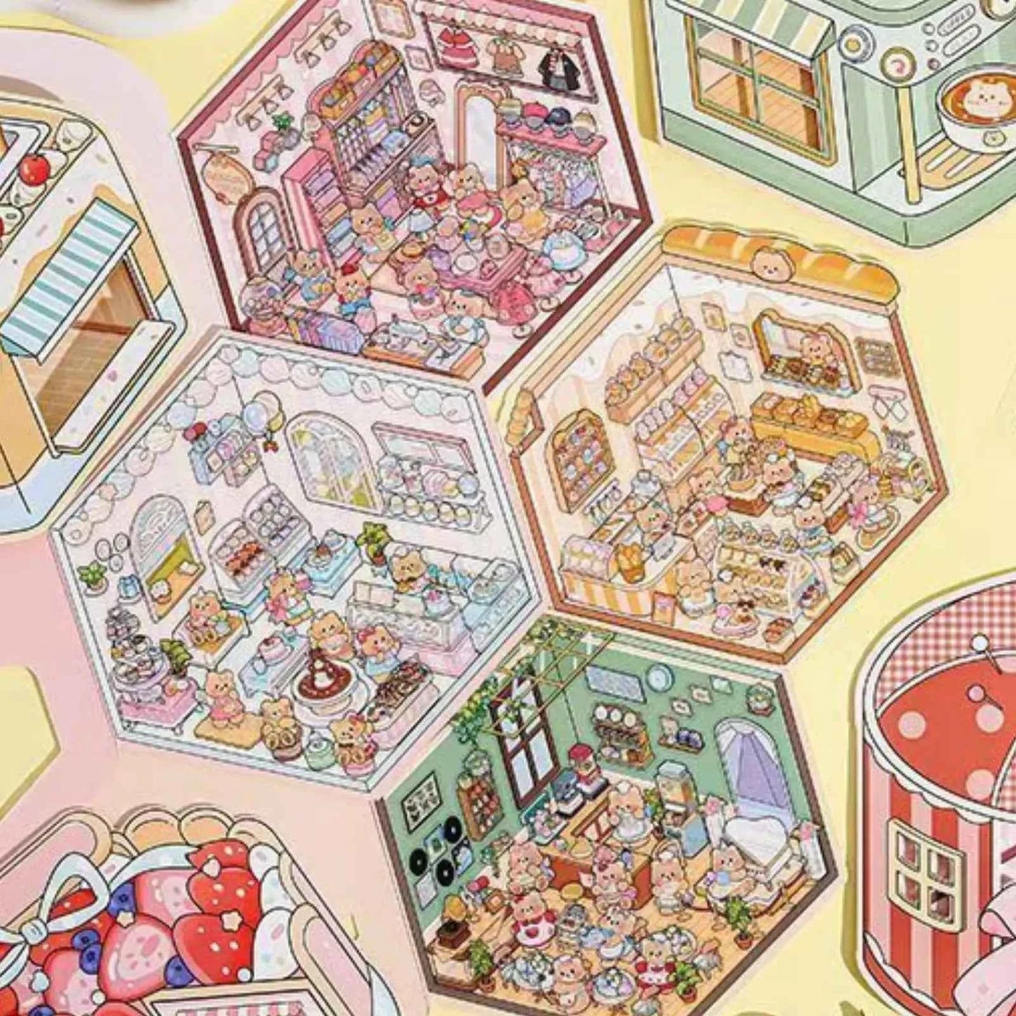 Creamy Bear Series – 3D Miniature Sticker Scenes - 4 Theme Sets: Bear Pastry Shop | Bear Bakery | Bear Café | Bear Clothing Store