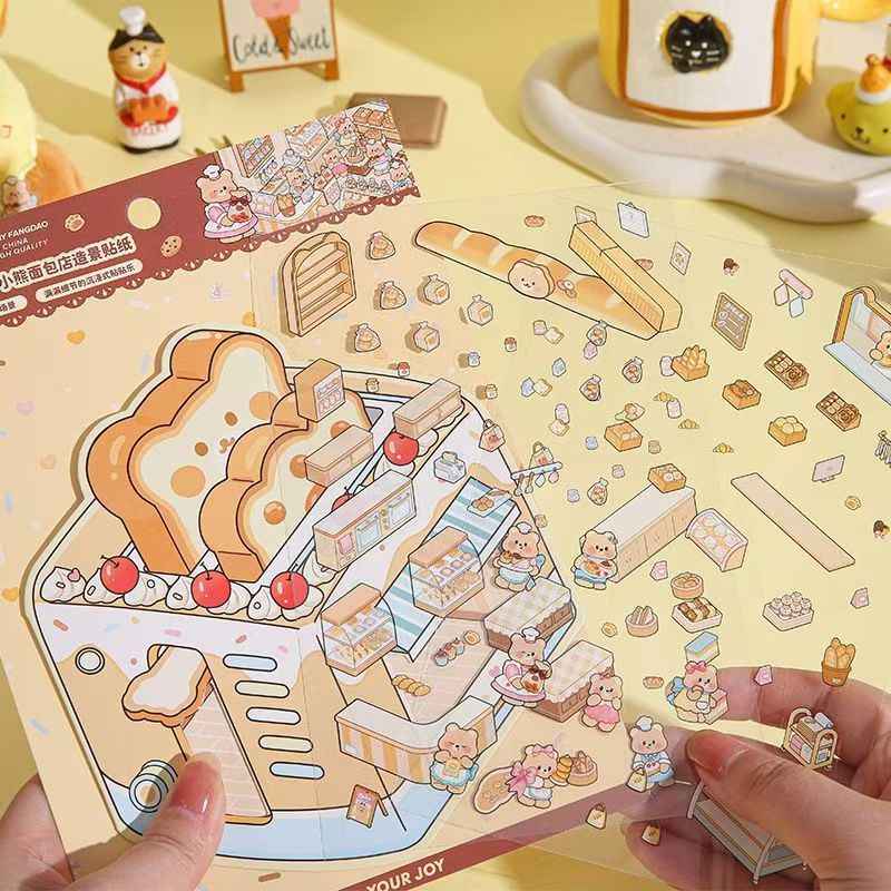 Creamy Bear Series – 3D Miniature Sticker Scenes - 4 Theme Sets: Bear Pastry Shop | Bear Bakery | Bear Café | Bear Clothing Store