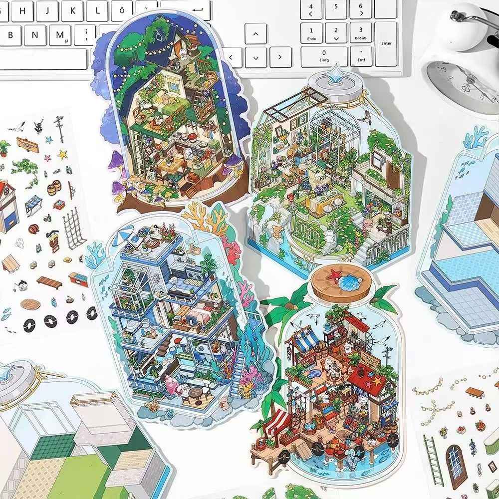 Fun Cottage – 3D Miniature Sticker Scenes - 4 Theme Sets: Seaside Market | Deep Sea Station | Garden Restaurant | Starry Sky Hotel