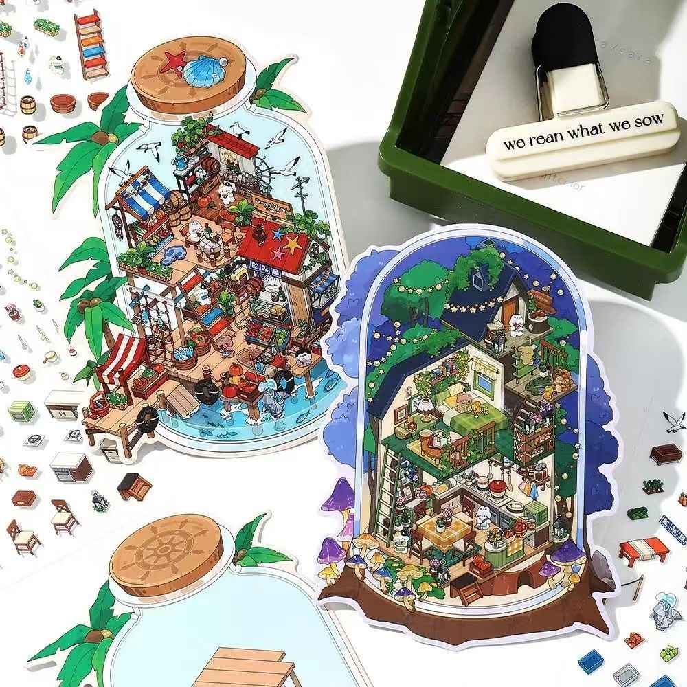 Fun Cottage – 3D Miniature Sticker Scenes - 4 Theme Sets: Seaside Market | Deep Sea Station | Garden Restaurant | Starry Sky Hotel