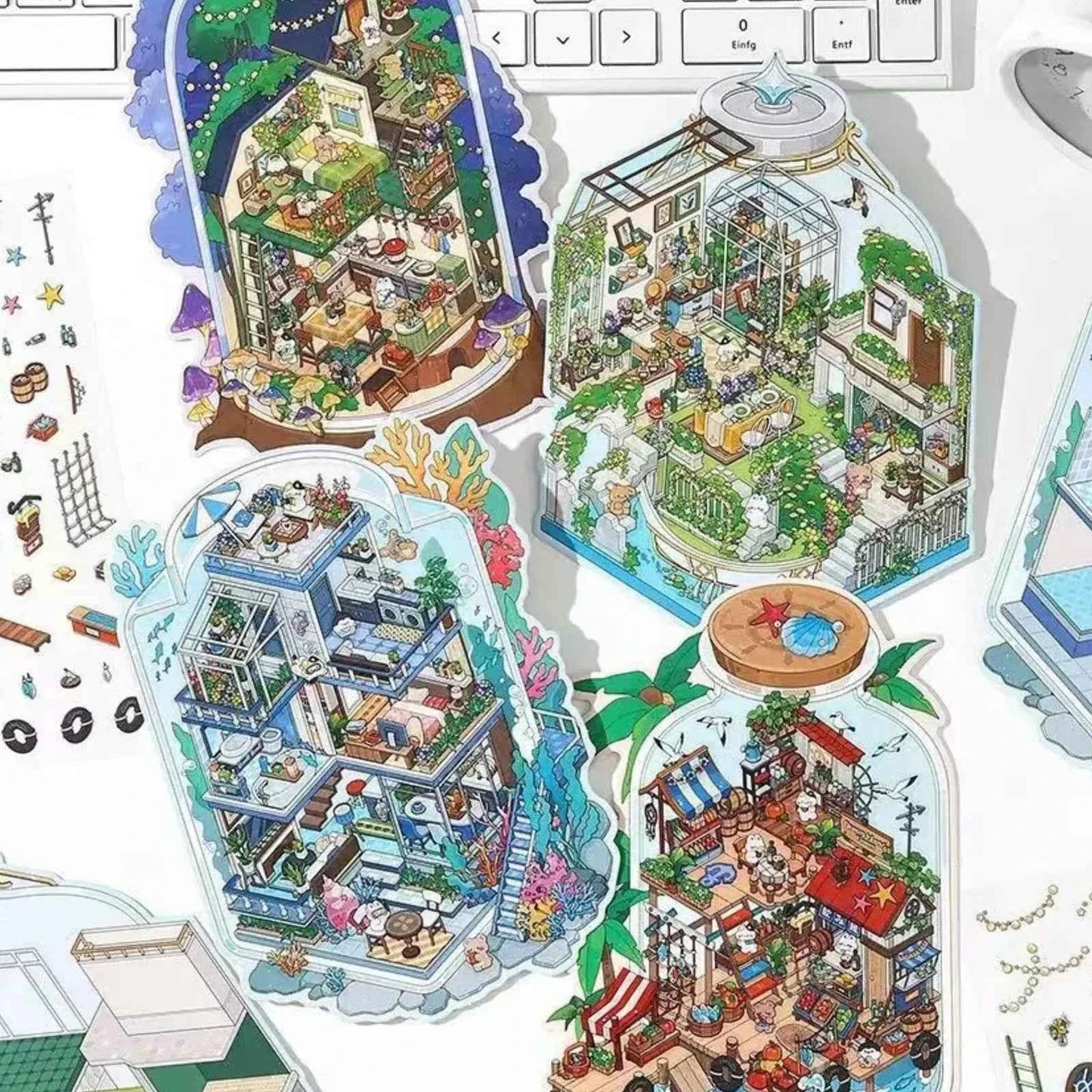 Fun Cottage – 3D Miniature Sticker Scenes - 4 Theme Sets: Seaside Market | Deep Sea Station | Garden Restaurant | Starry Sky Hotel