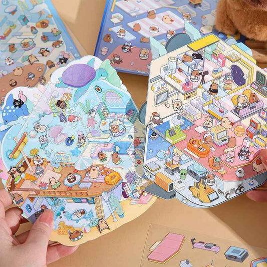 Cute Capybara – 3D Miniature Sticker Scenes - 4 Theme Sets: Underground Cave | Underwater World | Fun Farm | Mysterious Space