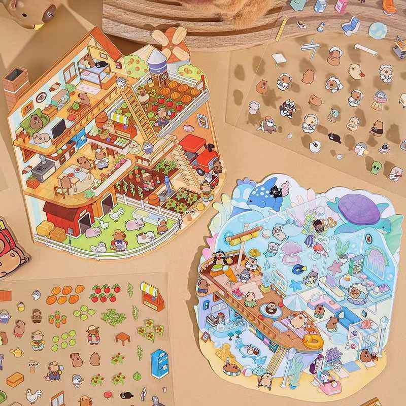 Cute Capybara – 3D Miniature Sticker Scenes - 4 Theme Sets: Underground Cave | Underwater World | Fun Farm | Mysterious Space