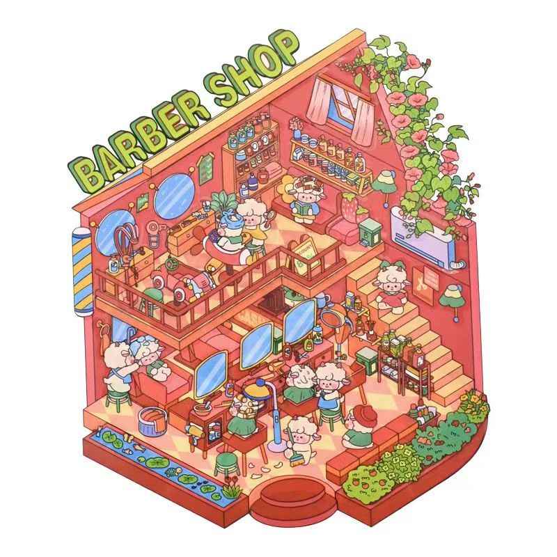 Cute Animal 18.0 – 3D Miniature Sticker Scenes - 4 Theme Sets: Penguin Restaurant | Mini Hair Salon | Puppy Arcade | Penguin Teahouse