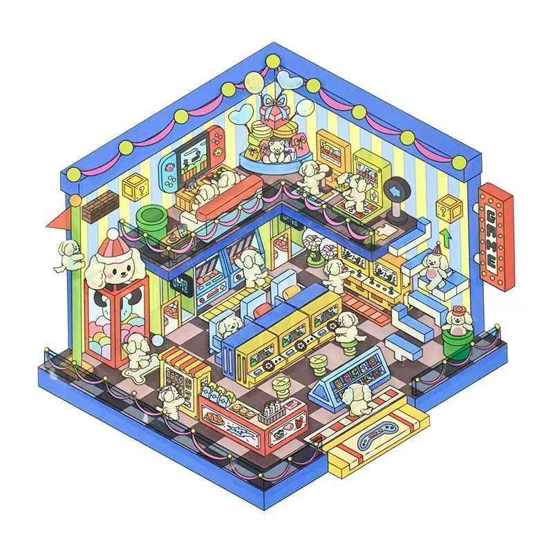 Cute Animal 18.0 – 3D Miniature Sticker Scenes - 4 Theme Sets: Penguin Restaurant | Mini Hair Salon | Puppy Arcade | Penguin Teahouse