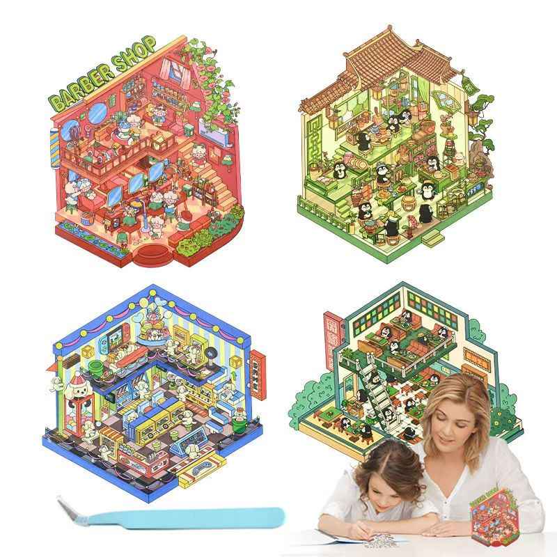 Cute Animal 18.0 – 3D Miniature Sticker Scenes - 4 Theme Sets: Penguin Restaurant | Mini Hair Salon | Puppy Arcade | Penguin Teahouse