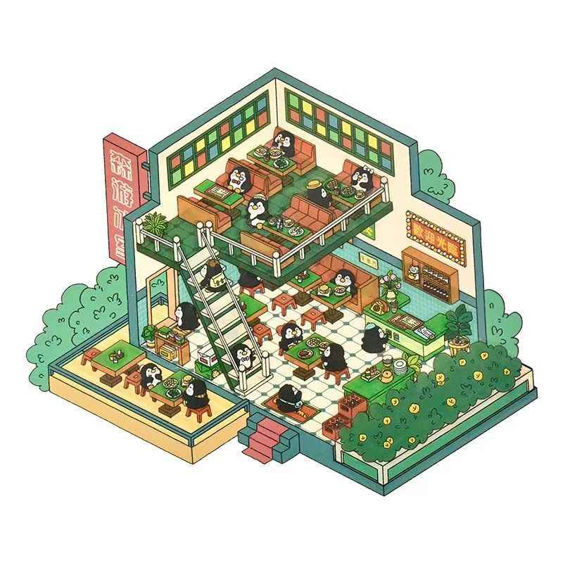 Cute Animal 18.0 – 3D Miniature Sticker Scenes - 4 Theme Sets: Penguin Restaurant | Mini Hair Salon | Puppy Arcade | Penguin Teahouse
