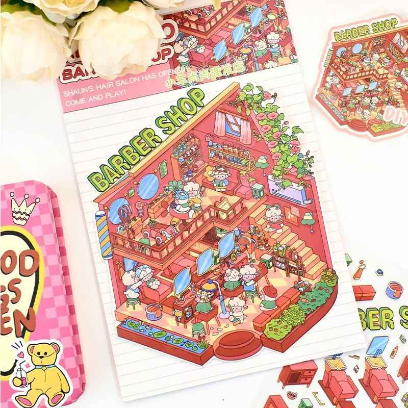 Cute Animal 18.0 – 3D Miniature Sticker Scenes - 4 Theme Sets: Penguin Restaurant | Mini Hair Salon | Puppy Arcade | Penguin Teahouse