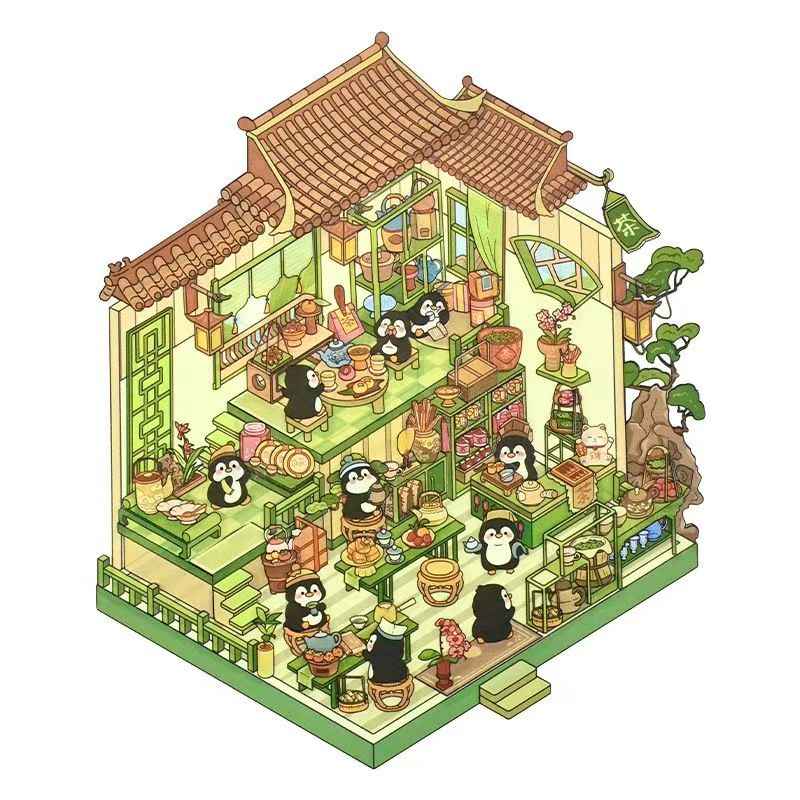 Cute Animal 18.0 – 3D Miniature Sticker Scenes - 4 Theme Sets: Penguin Restaurant | Mini Hair Salon | Puppy Arcade | Penguin Teahouse