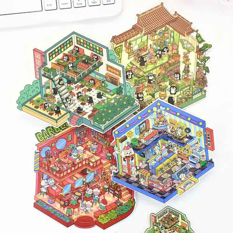 Cute Animal 18.0 – 3D Miniature Sticker Scenes - 4 Theme Sets: Penguin Restaurant | Mini Hair Salon | Puppy Arcade | Penguin Teahouse