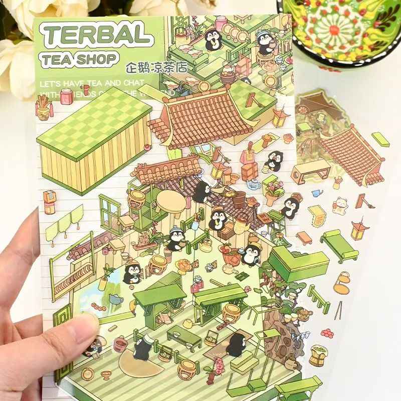 Cute Animal 18.0 – 3D Miniature Sticker Scenes - 4 Theme Sets: Penguin Restaurant | Mini Hair Salon | Puppy Arcade | Penguin Teahouse
