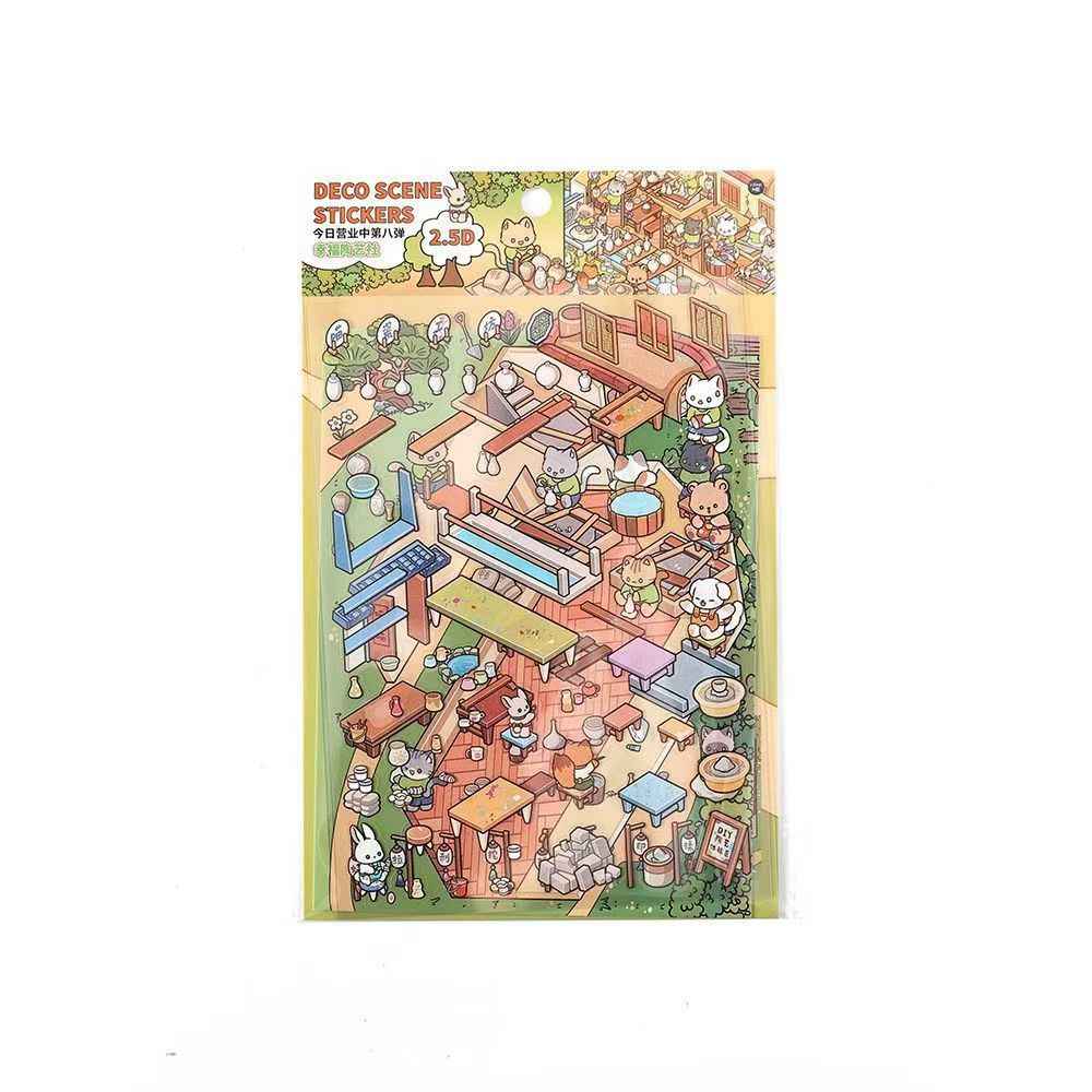 Cute Cat – 3D Miniature Sticker Scenes - 4 Theme Sets: Cat Pottery Society | Cat Sushi House | Cat Ceramic Workshop | Cat Fish Farm