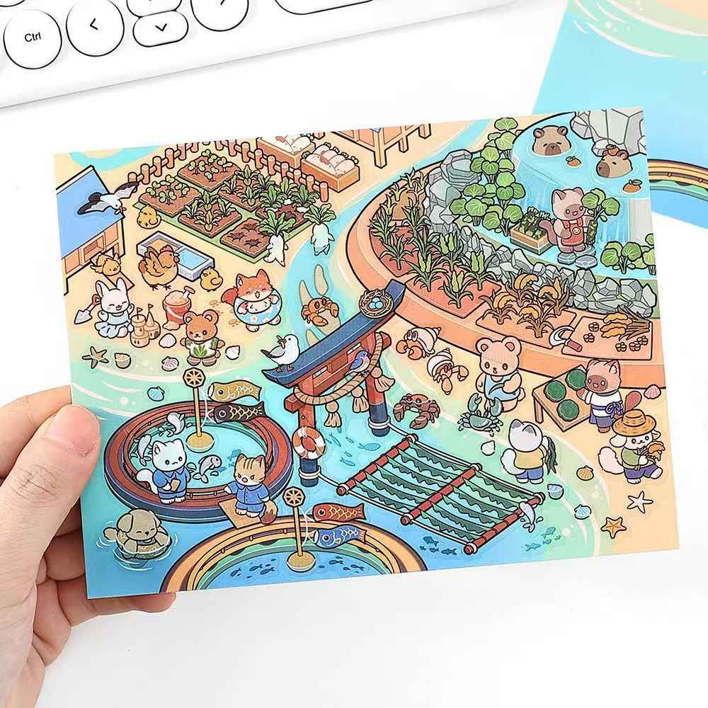 Cute Cat – 3D Miniature Sticker Scenes - 4 Theme Sets: Cat Pottery Society | Cat Sushi House | Cat Ceramic Workshop | Cat Fish Farm