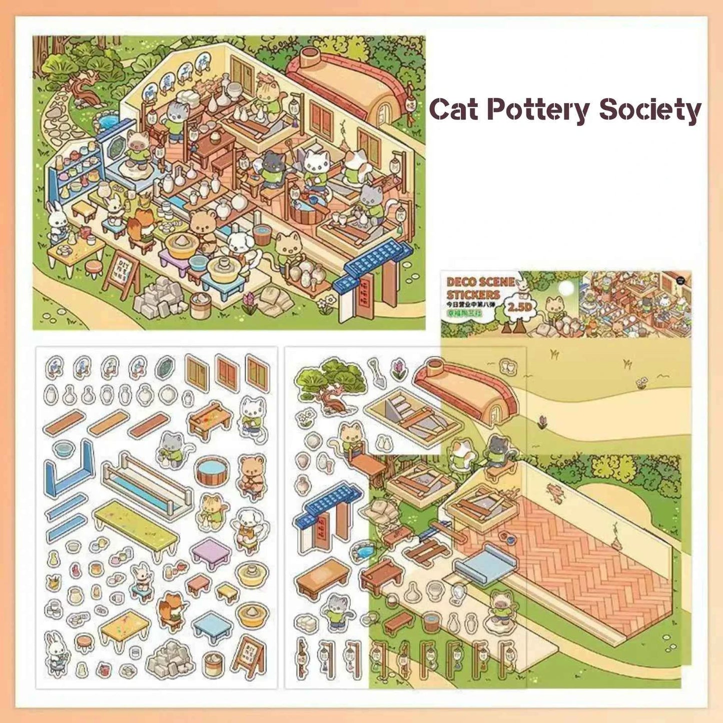 Cute Cat – 3D Miniature Sticker Scenes - 4 Theme Sets: Cat Pottery Society | Cat Sushi House | Cat Ceramic Workshop | Cat Fish Farm
