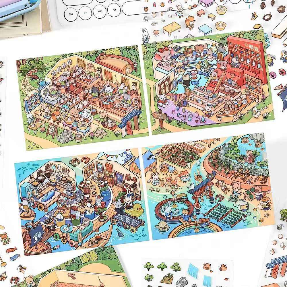 Cute Cat – 3D Miniature Sticker Scenes - 4 Theme Sets: Cat Pottery Society | Cat Sushi House | Cat Ceramic Workshop | Cat Fish Farm