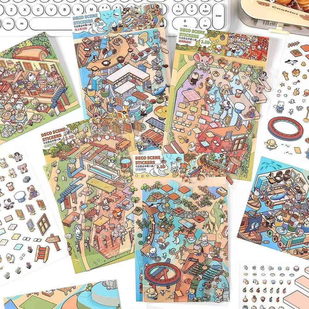 Cute Cat – 3D Miniature Sticker Scenes - 4 Theme Sets: Cat Pottery Society | Cat Sushi House | Cat Ceramic Workshop | Cat Fish Farm