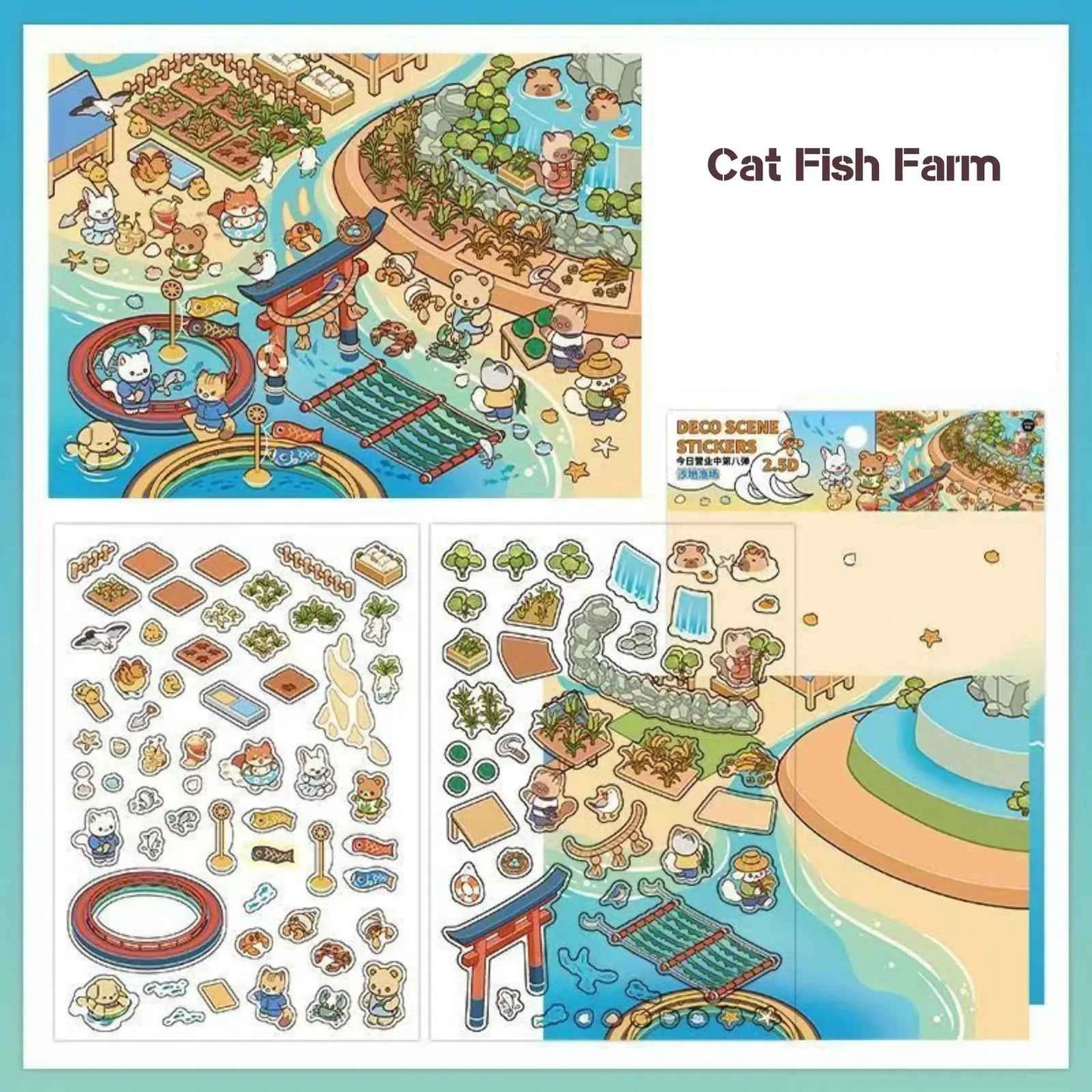 Cute Cat – 3D Miniature Sticker Scenes - 4 Theme Sets: Cat Pottery Society | Cat Sushi House | Cat Ceramic Workshop | Cat Fish Farm