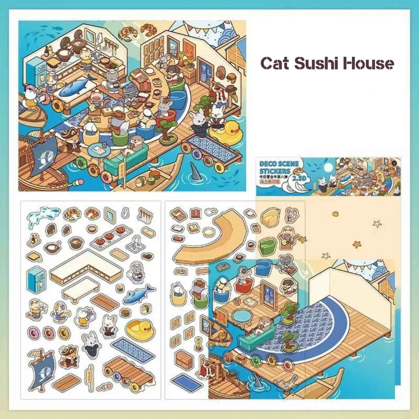 Cute Cat – 3D Miniature Sticker Scenes - 4 Theme Sets: Cat Pottery Society | Cat Sushi House | Cat Ceramic Workshop | Cat Fish Farm