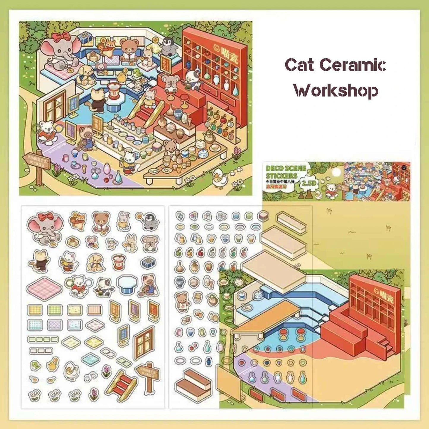 Cute Cat – 3D Miniature Sticker Scenes - 4 Theme Sets: Cat Pottery Society | Cat Sushi House | Cat Ceramic Workshop | Cat Fish Farm