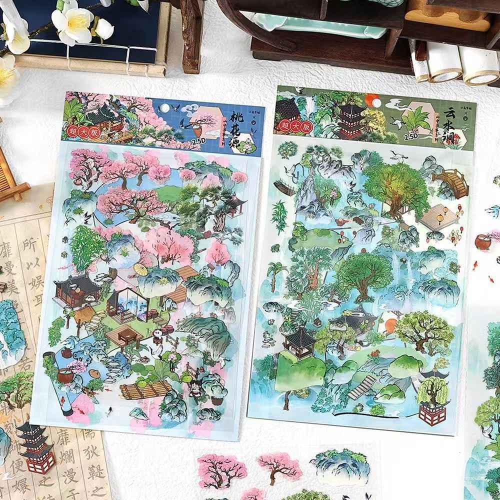 Mountain and Water Series – Plus 3D Miniature Sticker Scenes - 2 Theme Sets: Mountain Peach Blossoms | Forest Trees