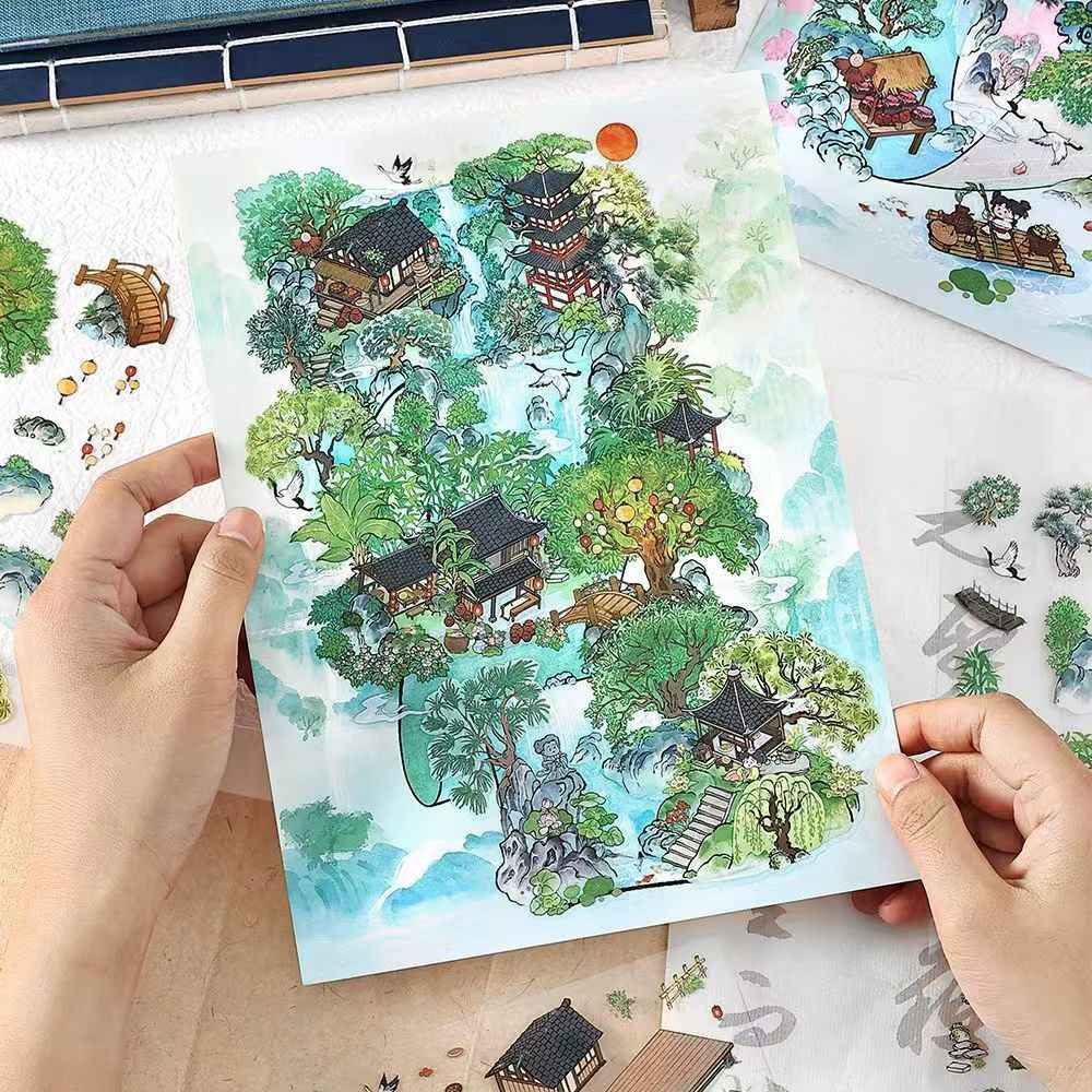 Mountain and Water Series – Plus 3D Miniature Sticker Scenes - 2 Theme Sets: Mountain Peach Blossoms | Forest Trees