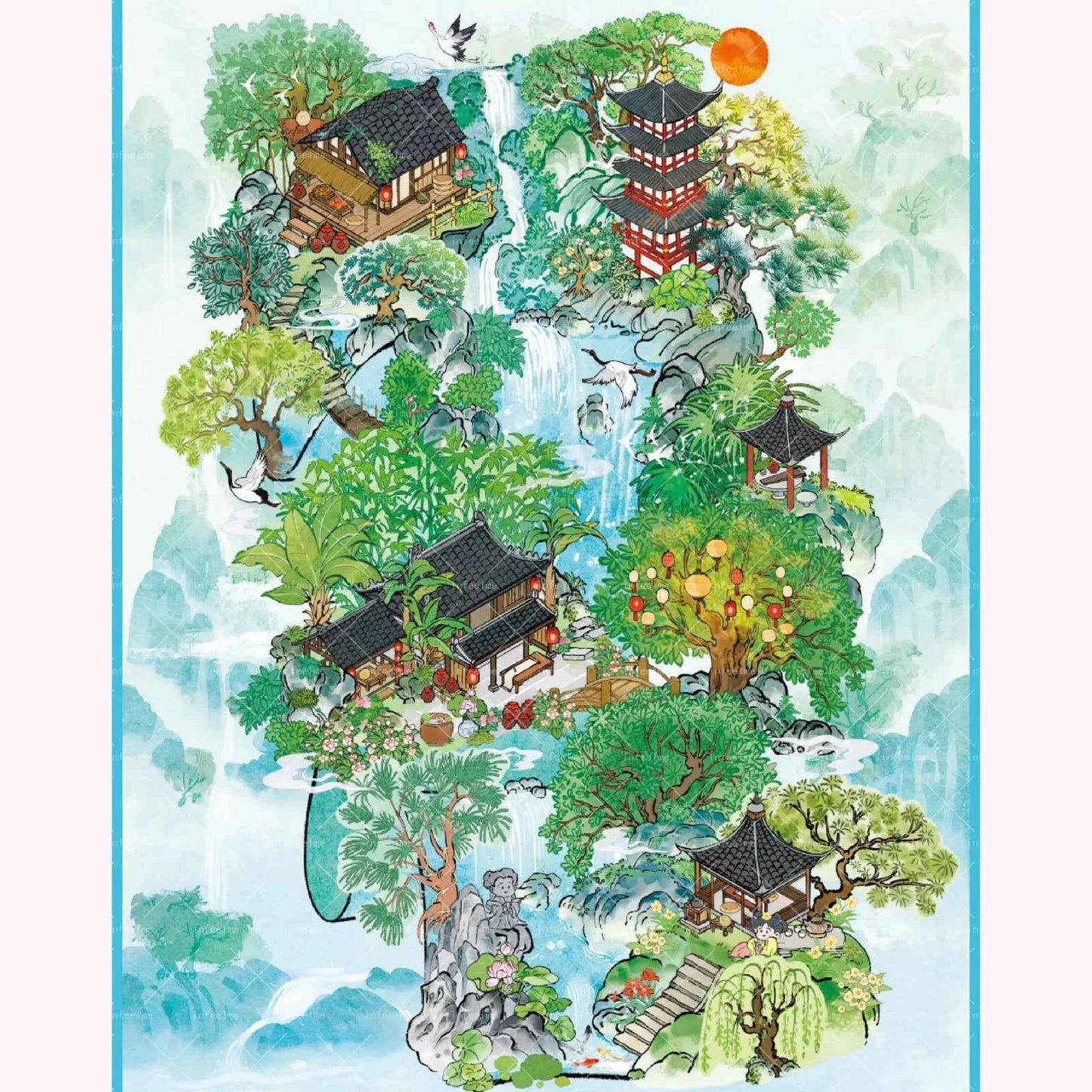 Mountain and Water Series – Plus 3D Miniature Sticker Scenes - 2 Theme Sets: Mountain Peach Blossoms | Forest Trees
