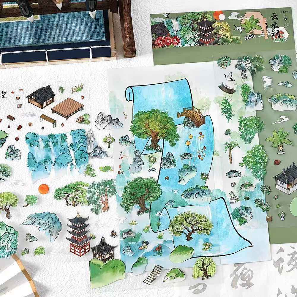 Mountain and Water Series – Plus 3D Miniature Sticker Scenes - 2 Theme Sets: Mountain Peach Blossoms | Forest Trees