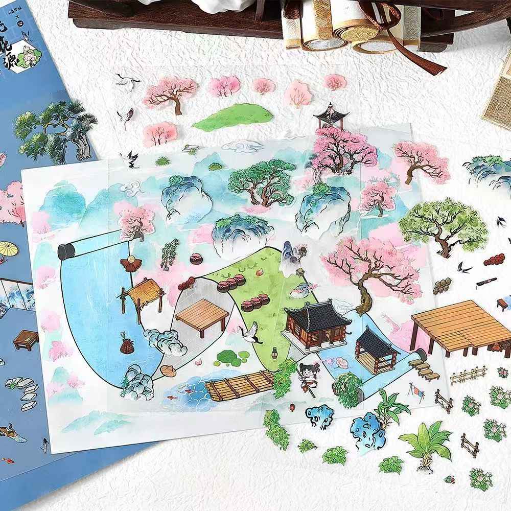 Mountain and Water Series – Plus 3D Miniature Sticker Scenes - 2 Theme Sets: Mountain Peach Blossoms | Forest Trees