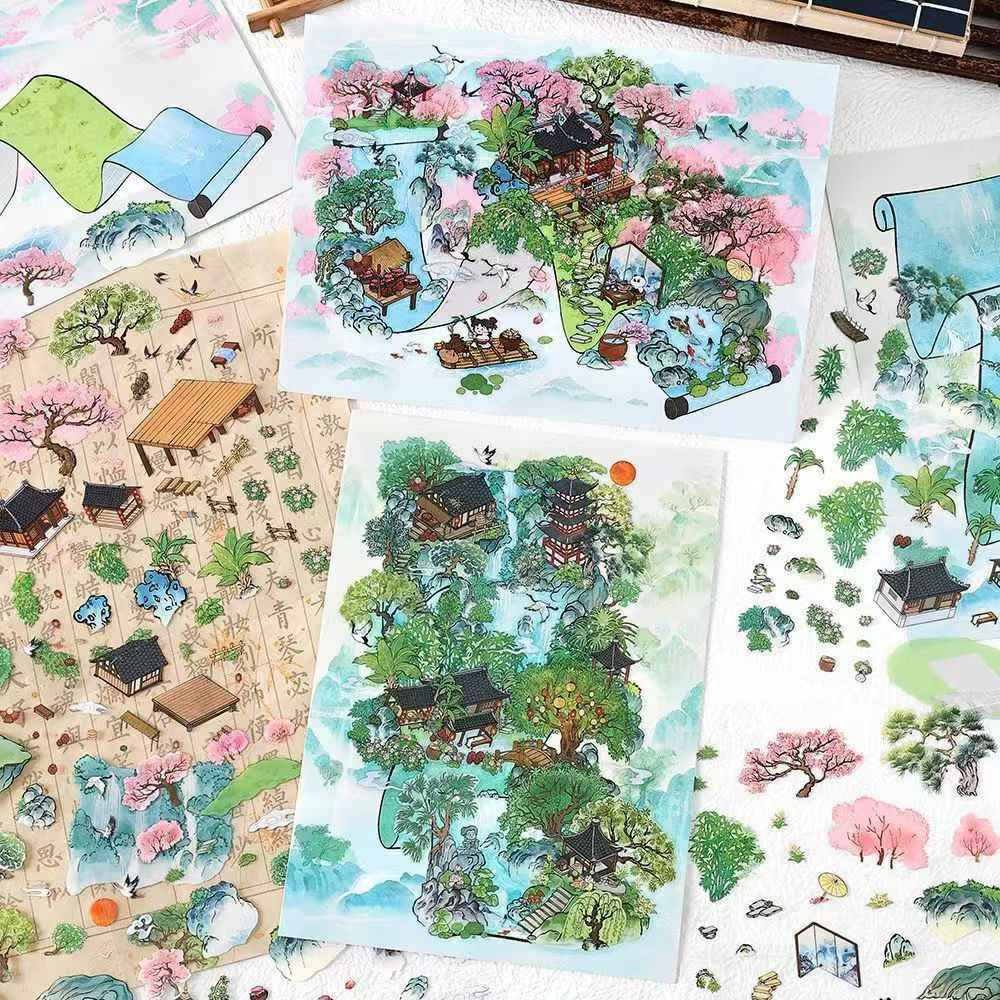 Mountain and Water Series – Plus 3D Miniature Sticker Scenes - 2 Theme Sets: Mountain Peach Blossoms | Forest Trees